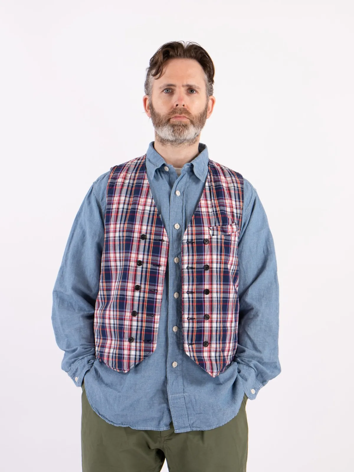 Navy/White/Red Plaid Poplin Reversible Vest | Engineered Garments Cheap